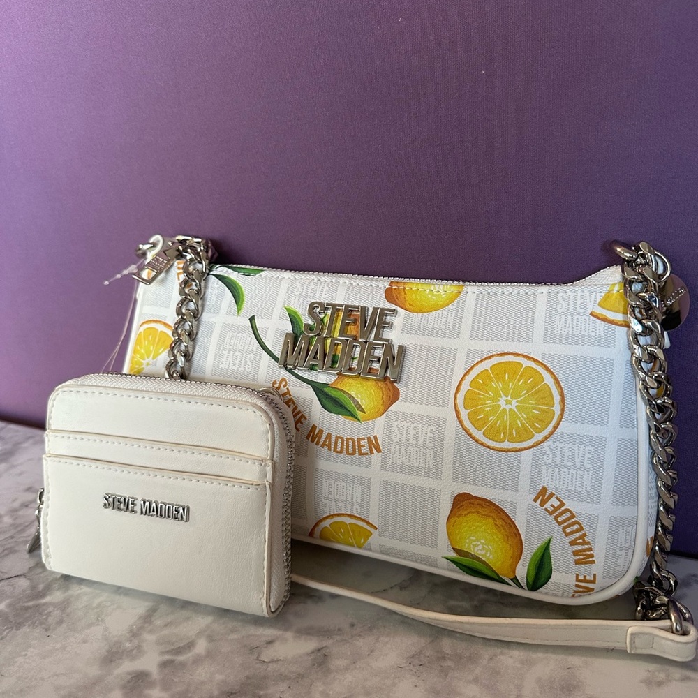 Steve Madden Lemon Print Shoulder Bag with Chain Accents and Coin Purse